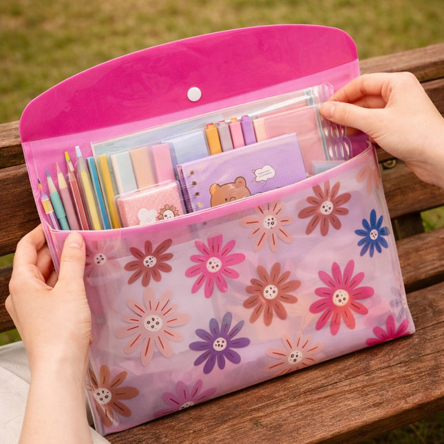 Pink pouch with floral pattern containing stationery items on a wooden surface
