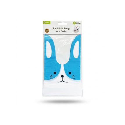Packaged rabbit-shaped bag with blue ears on a white background