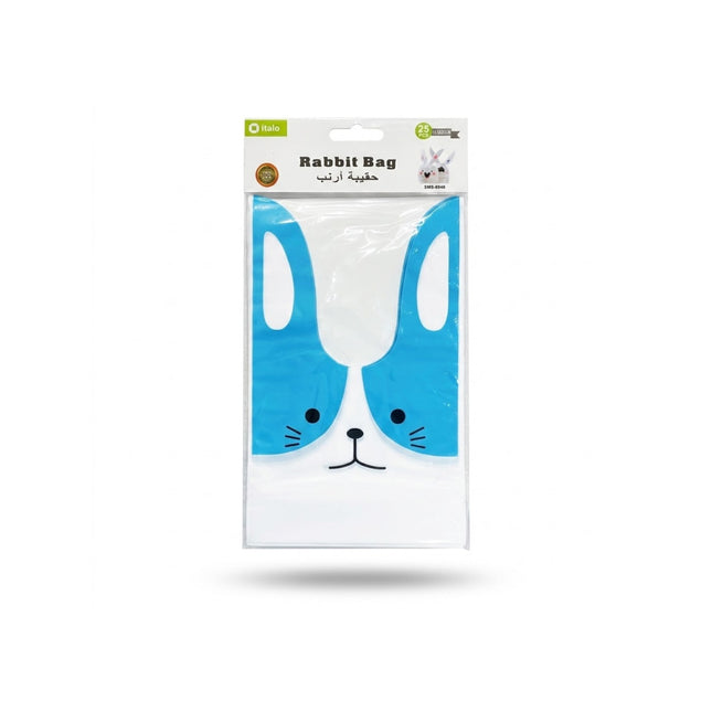 Packaged rabbit-shaped bag with blue ears on a white background