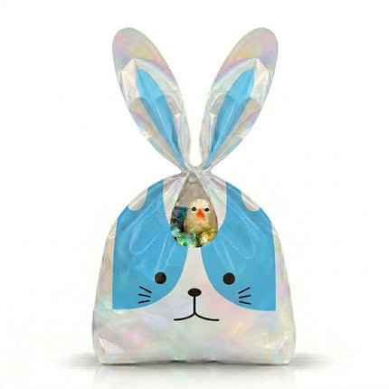 Iridescent bunny-shaped bag with a small toy inside on a white background