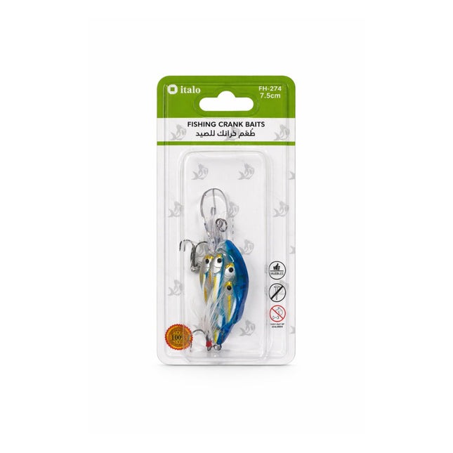 Fishing crank bait in packaging with Italo branding on a white background