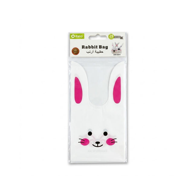Rabbit-shaped bag with pink ears and face on a white background