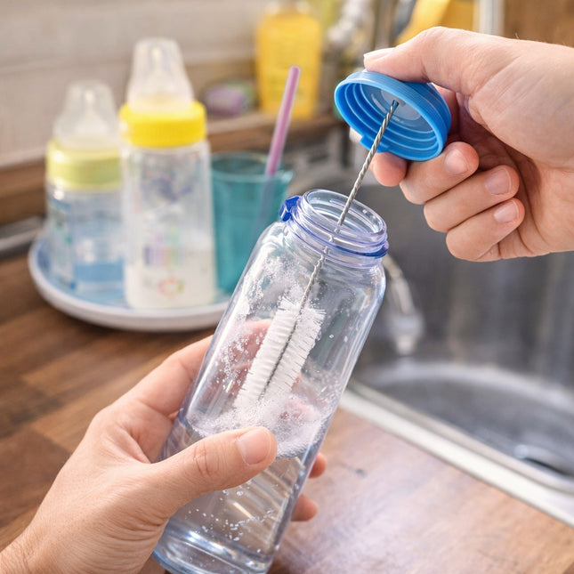 Person cleaning a bottle with a brush in a kitchen setting