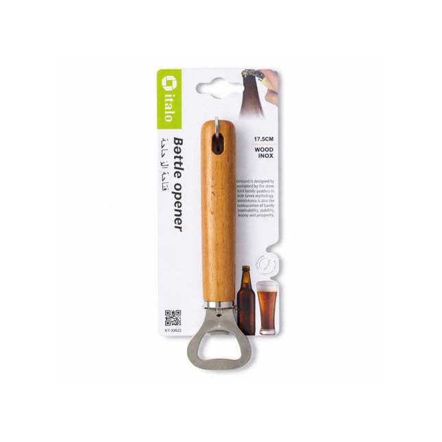 Wooden bottle opener with packaging on a white background