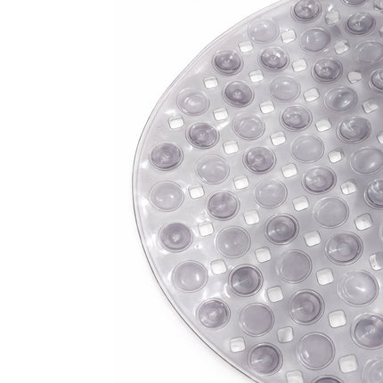 Clear rubber bath mat with suction cups on a white background