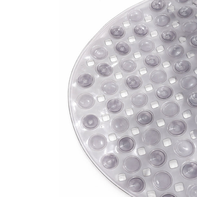 Clear rubber bath mat with suction cups on a white background