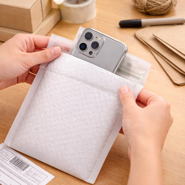 Person preparing a phone for shipping with bubble wrap on a wooden surface