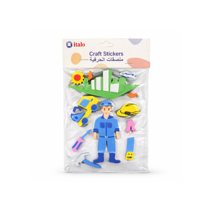 Packaged craft stickers with construction-themed designs on a white background
