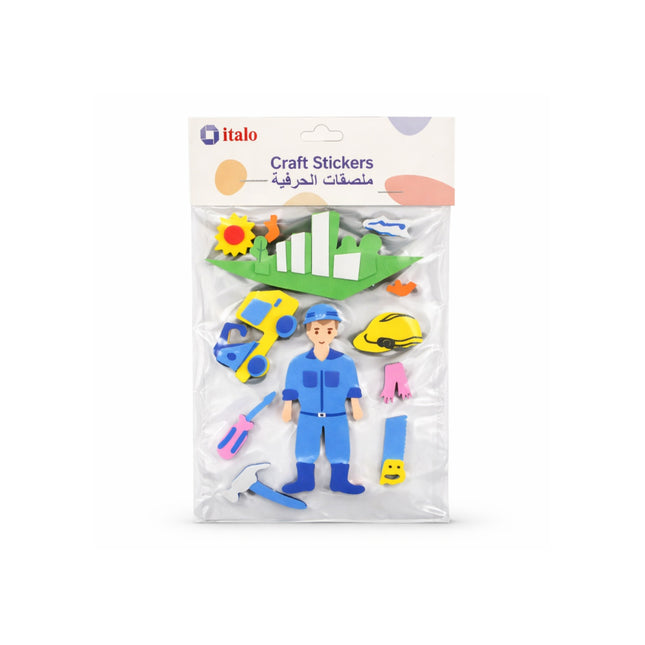 Packaged craft stickers with construction-themed designs on a white background