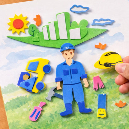 Colorful construction-themed playset with a worker figure and various tools on a paper background.
