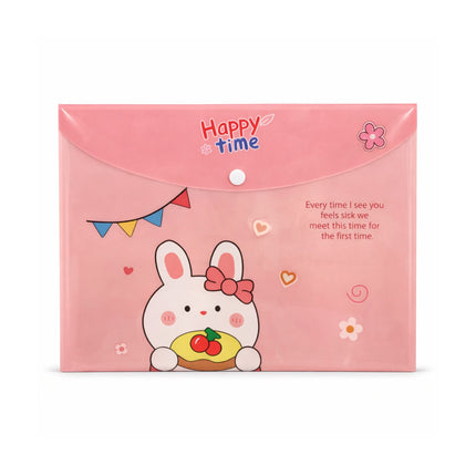 Pink envelope with cartoon rabbit and 'Happy time' branding on a white background