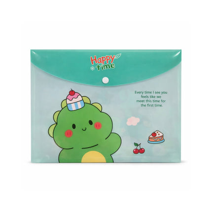 Green envelope with a cartoon character and 'Happy time' text on a white background