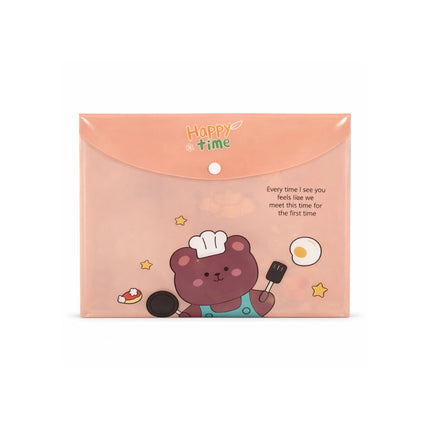 Pink pouch with cartoon bear design and 'Happy time' text on a white background