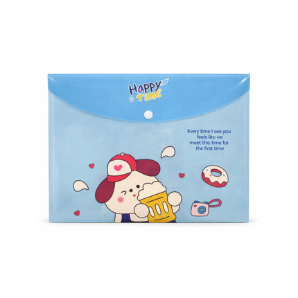 Blue pouch with cartoon character and 'Happy Time' text on a white background