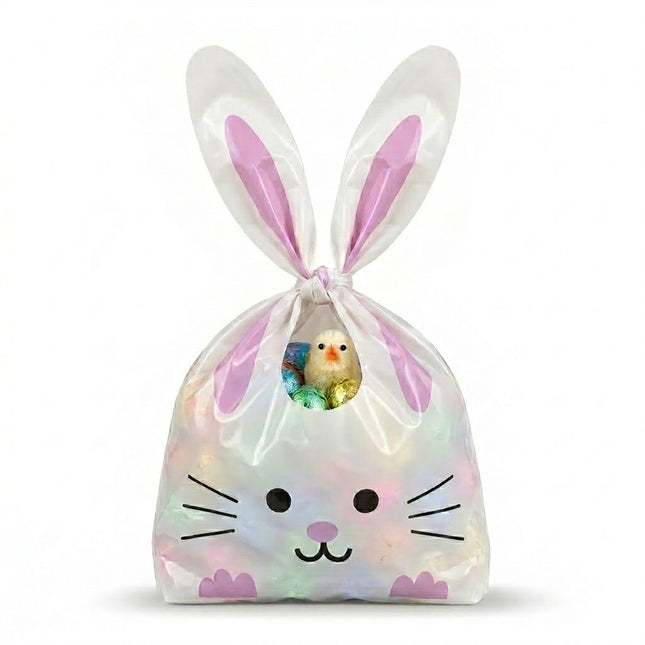 Iridescent bunny bag with a small plush toy inside on a white background
