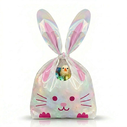 Iridescent bunny bag with a small plush toy inside on a white background