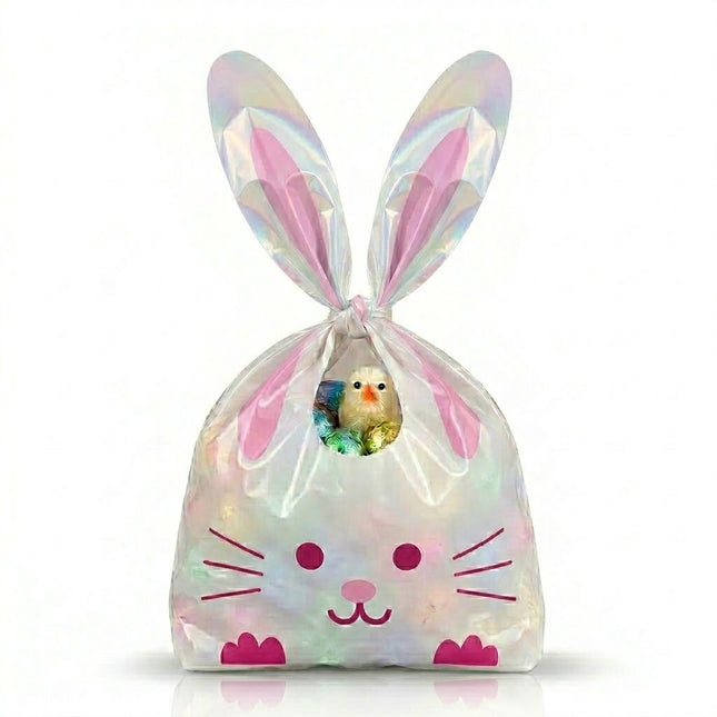 Iridescent bunny bag with a small plush toy inside on a white background