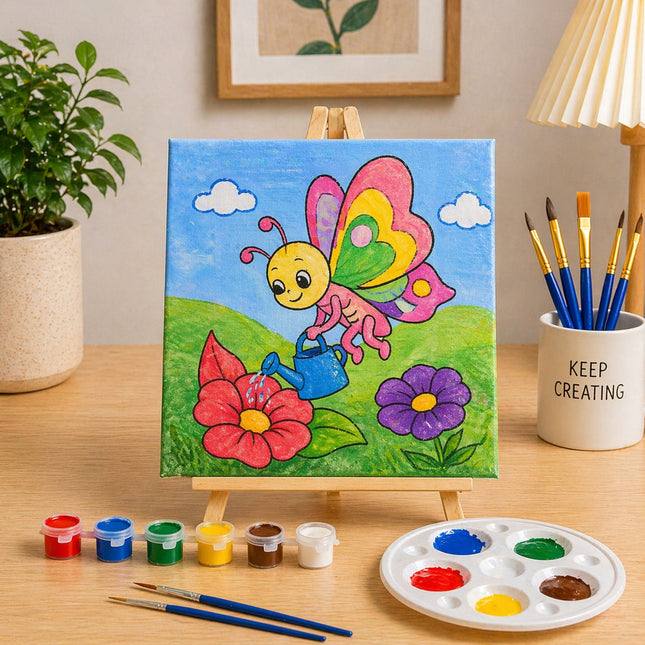 Colorful children's painting of a butterfly and flowers on an easel with art supplies.