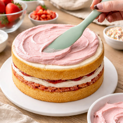 Layered cake being frosted with pink cream on a wooden table.