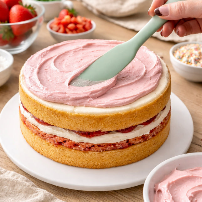 Layered cake being frosted with pink cream on a wooden table.
