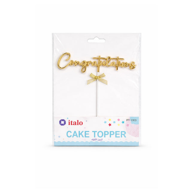 Gold 'Congratulations' cake topper with a bow on a white packaging labeled 'italo'.