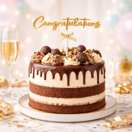 Chocolate cake with 'Congratulations' decoration on a light background