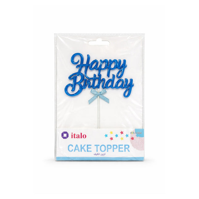 Blue 'Happy Birthday' cake topper in packaging with italo branding on a white background