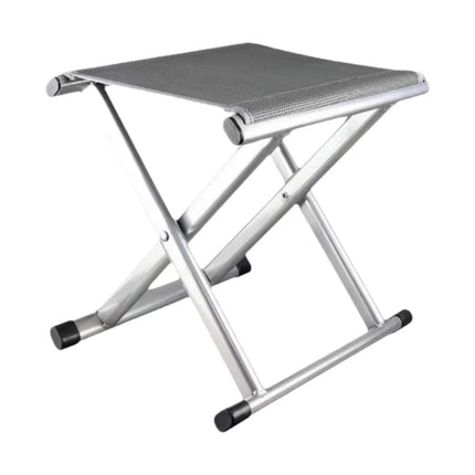 Foldable stool with gray seat and metal frame on a white background
