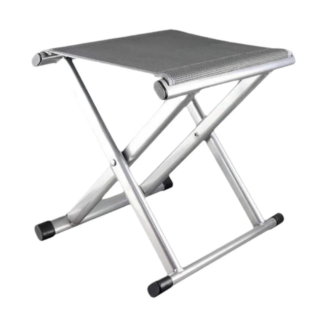 Foldable stool with gray seat and metal frame on a white background