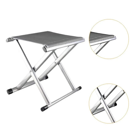 Foldable stool with metal frame and gray seat on a white background