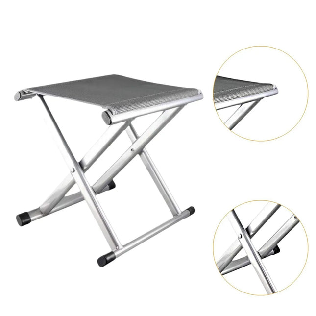 Foldable stool with metal frame and gray seat on a white background