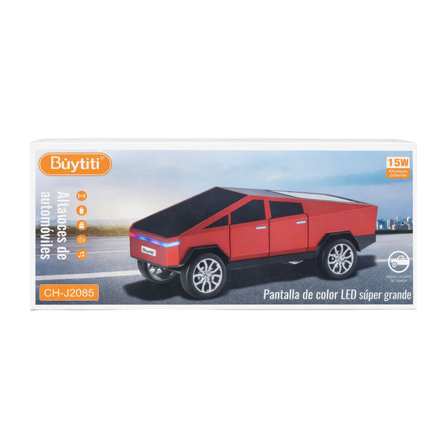 Product packaging of a red vehicle with LED screen on a white background