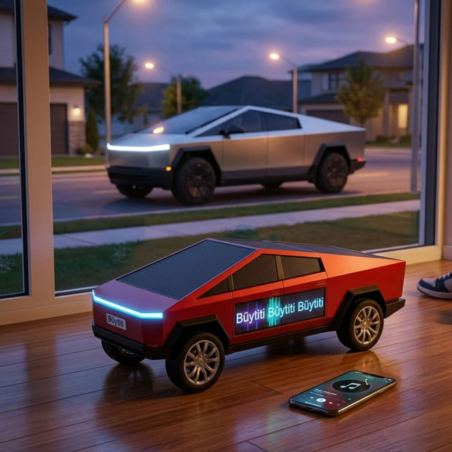 Model of a futuristic electric truck on a wooden floor with a smartphone nearby, at night.