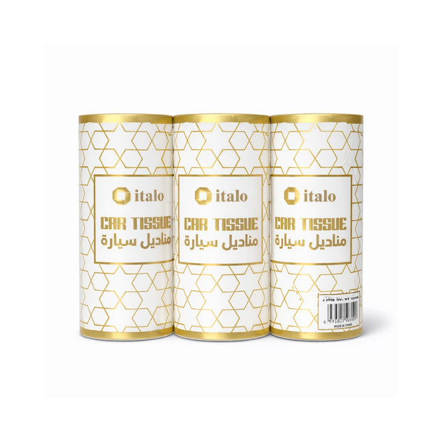 Three italo car tissue cans with gold accents on a white background