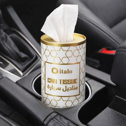 Car tissue holder with tissues in a car's cup holder, branded 'italo'.