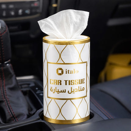 Car tissue box with gold and white design on a car dashboard