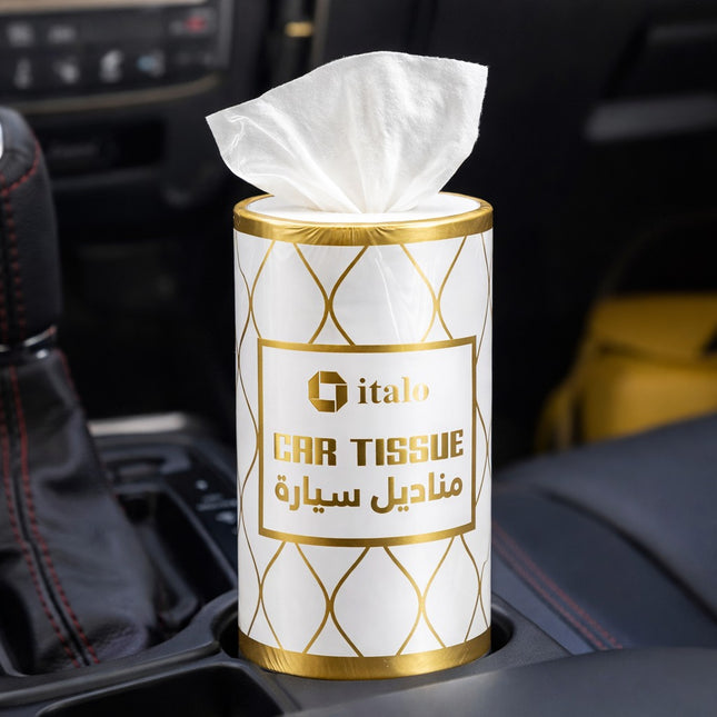 Car tissue box with gold and white design on a car dashboard