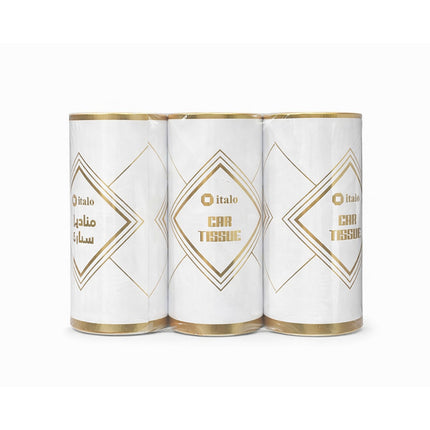 Three white cylindrical containers with gold accents labeled 'Car Tissue' on a white background.