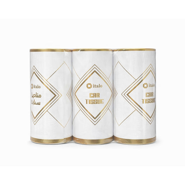 Three white cylindrical containers with gold accents labeled 'Car Tissue' on a white background.