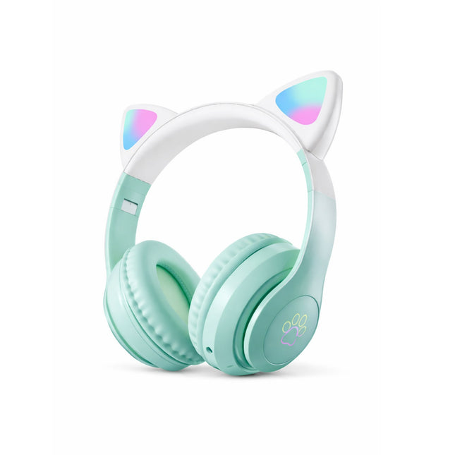 Mint green headphones with cat ear design on a white background