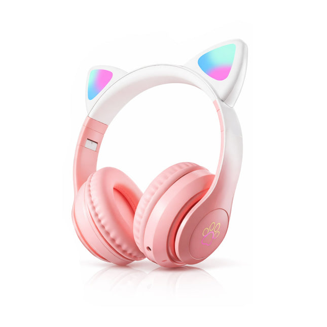 Pink headphones with cat ear design on a white background