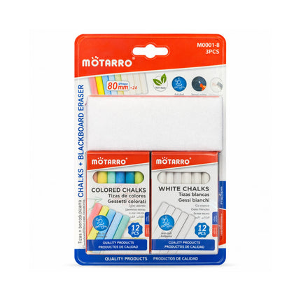 Mötarro chalks and blackboard eraser packaging on a white background