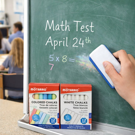 Moterro chalk boxes with a hand erasing a math test on a chalkboard.