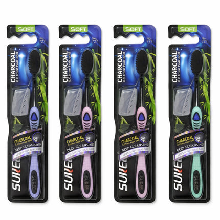 Four packages of Suave Charcoal Toothbrushes with different colored handles on a white background.