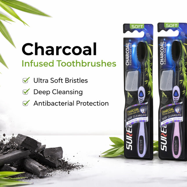 Two Suavecito charcoal-infused toothbrush packages with product features listed on a white background.