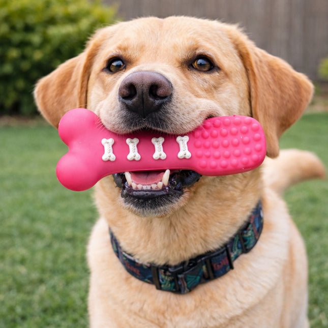 Dog holding a pink bone-shaped toy with white bones in its mouth, standing on grass.