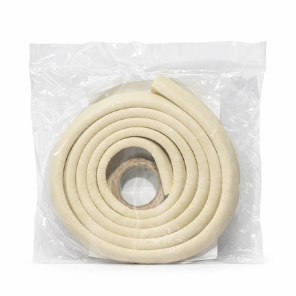 Roll of beige foam sealant in clear packaging on a white background
