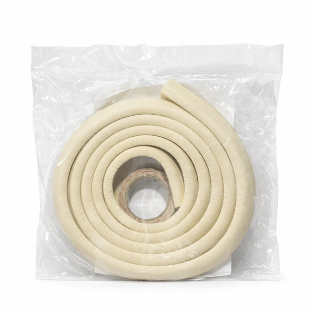 Roll of beige foam sealant in clear packaging on a white background