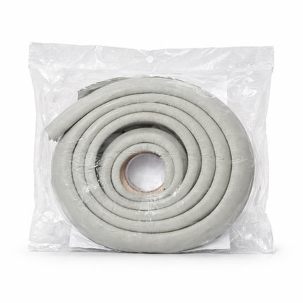 Roll of gray weather stripping in clear packaging on a white background