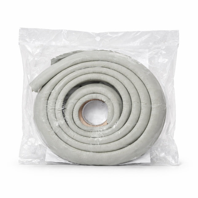 Roll of gray weather stripping in clear packaging on a white background